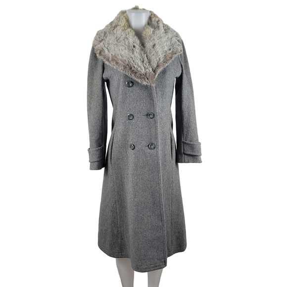 Prime Source New York Vintage Double Breasted Gray Wool Coat Fur Collar S - Picture 1 of 8